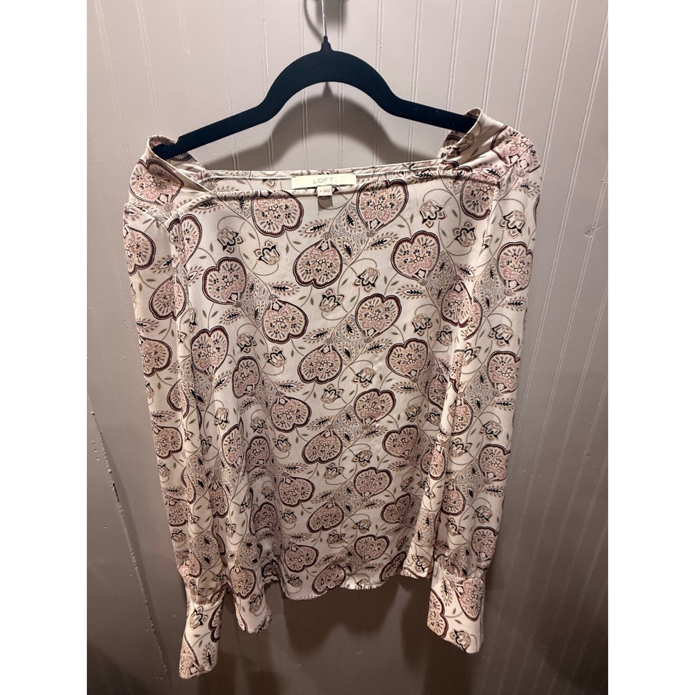 Loft Womens Mauve Paisley Floral Square Neck Long Sleeve Blouse Size M